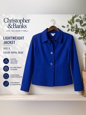 Christopher & Banks Blue Jacket Small Button Front Lightweight Blazer Workwear